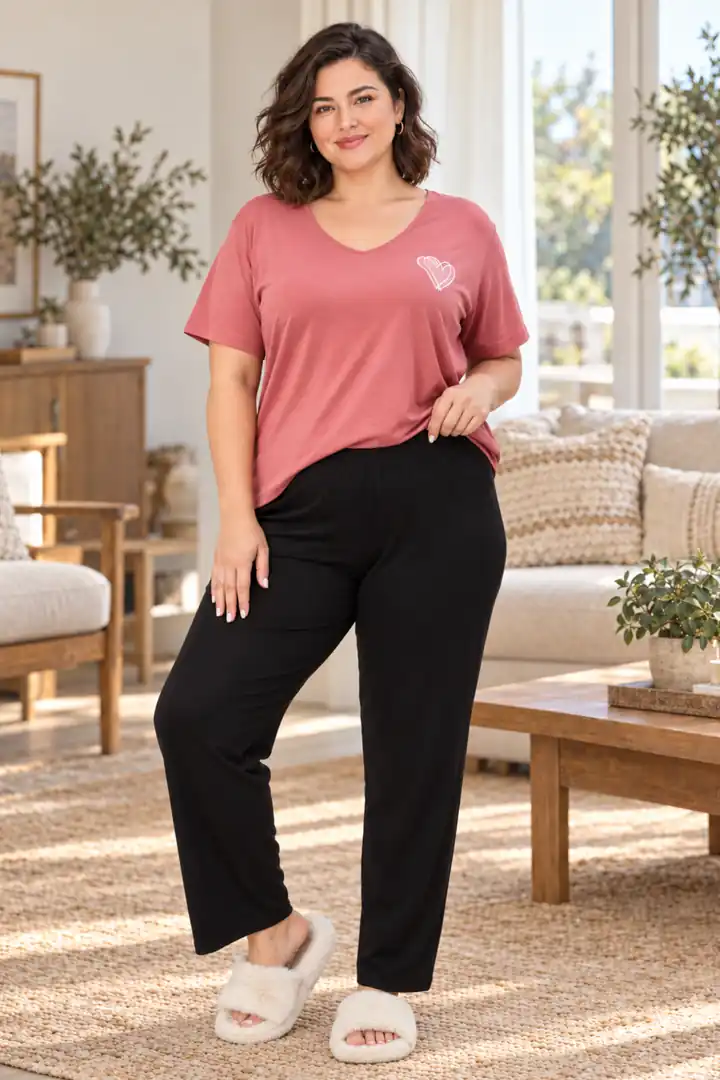 Büyük Beden  Lüks Pijama Takımı Beli Lastikli Konfor Modeli Viskon Pamuklu Kadın Pijama Takım - Pembe