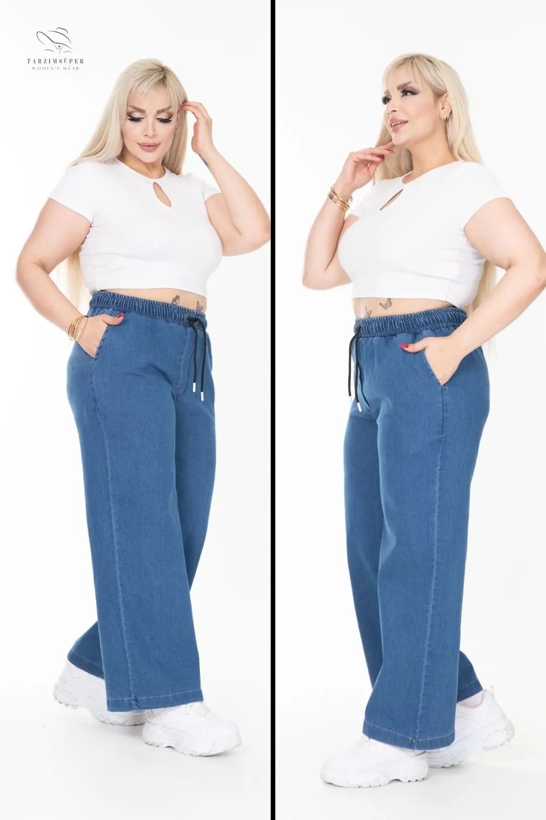 Büyük Beden Beli Lastikli Konfor Modeli Bol Paça Yüksek Belli Yumuşak Doku Jeans Kot Pantolon