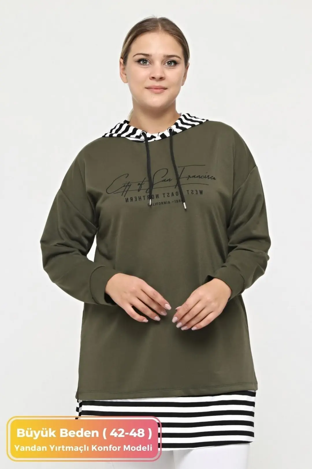 Büyük Beden %100 Pamuklu Baharlık Yanı Yırtmaçlı Konfor Modeli Çizgi Detaylı Kapüşonlu Sweatshirt