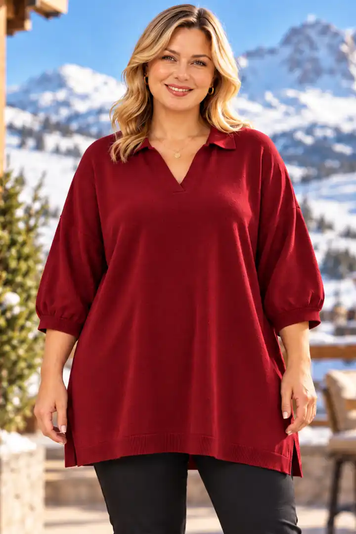 Büyük Beden Polo Yaka Oversize %100 Pamuklu İnce Triko Bluz - Bordo