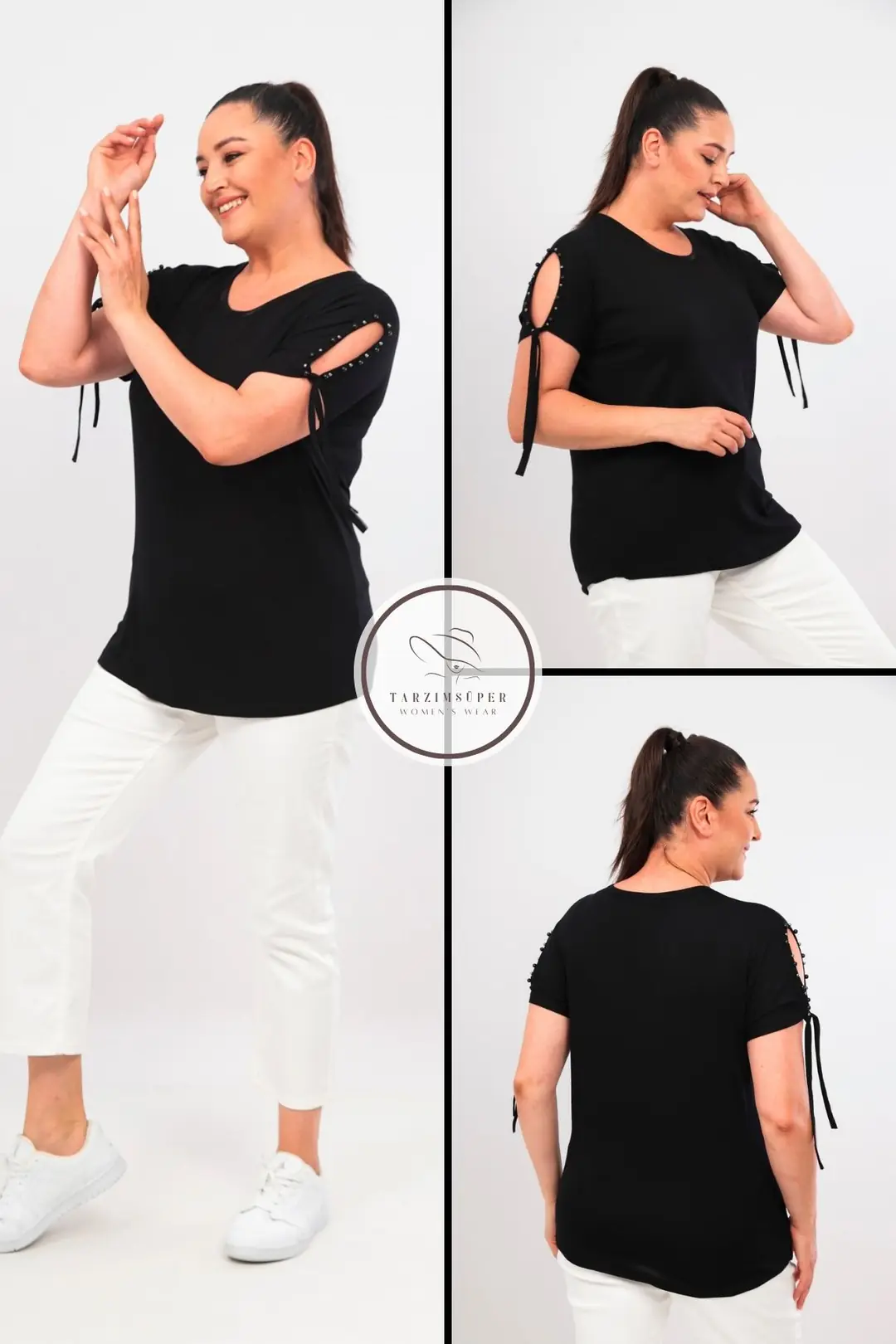 Büyük Beden Yeni Sezon Konfor Modeli Kol Bağlamalı Inci Detaylı Kısa Kollu Penye Tunik T-shirt
