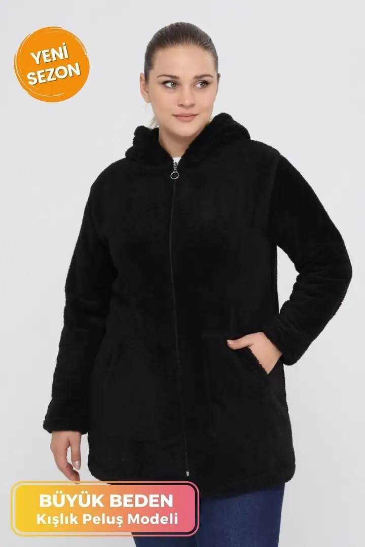 Büyük Beden Sıcak Tutan Peluş Sweat Fermuarlı Kapüşonlu 2 Cepli Örme Peluş Polar Sweatshirt - Siyah