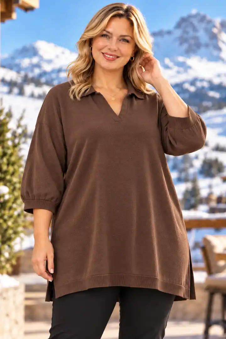 Büyük Beden Polo Yaka Oversize %100 Pamuklu İnce Triko Bluz - Kahverengi