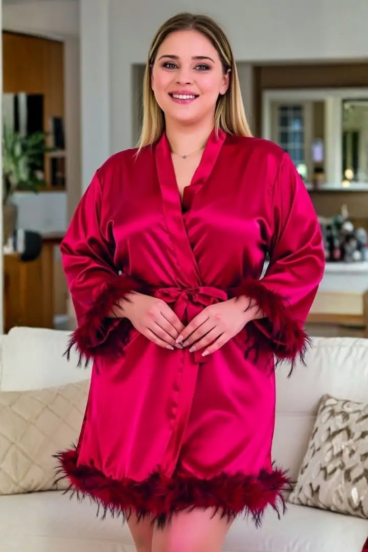 Büyük Beden Premium Tüylü Saten Çeyizlik Sabahlık & Kimono - Kırmızı