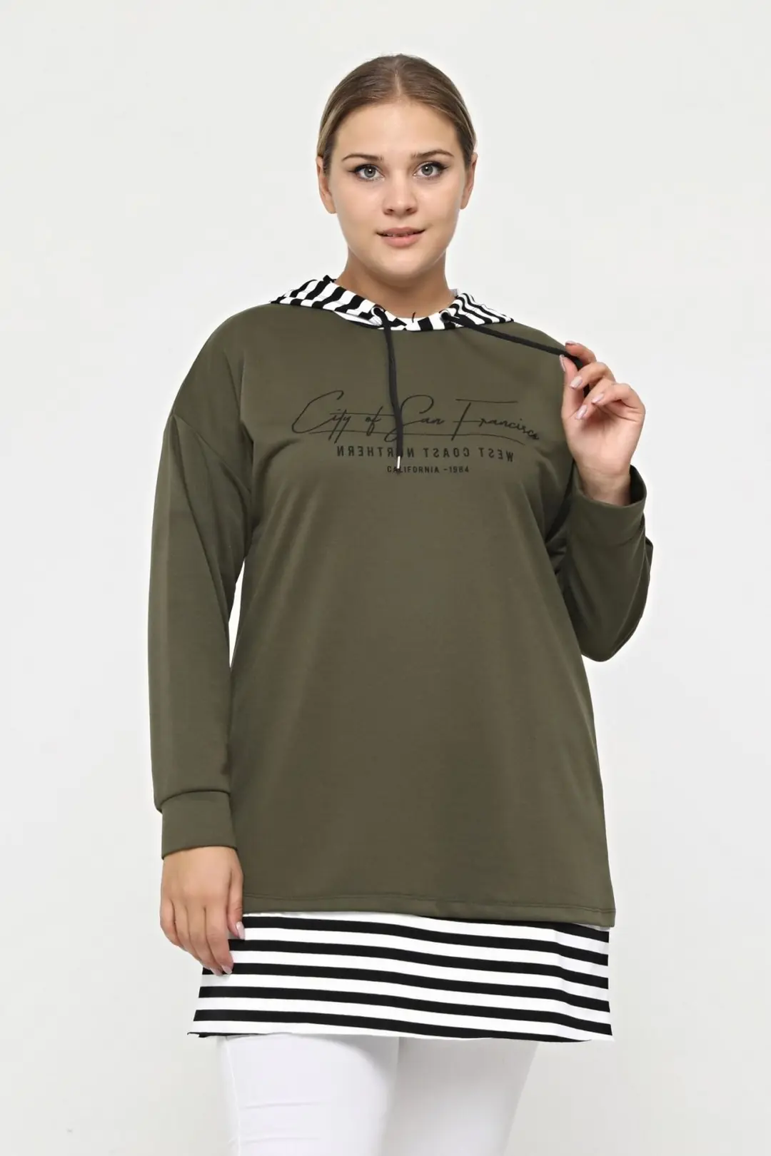 Büyük Beden %100 Pamuklu Baharlık Yanı Yırtmaçlı Konfor Modeli Çizgi Detaylı Kapüşonlu Sweatshirt