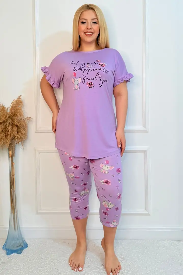  Büyük Beden Beli Lastikli Konfor Modeli Viskon Pamuklu Kadın Kapri Pijama Takım - Lila