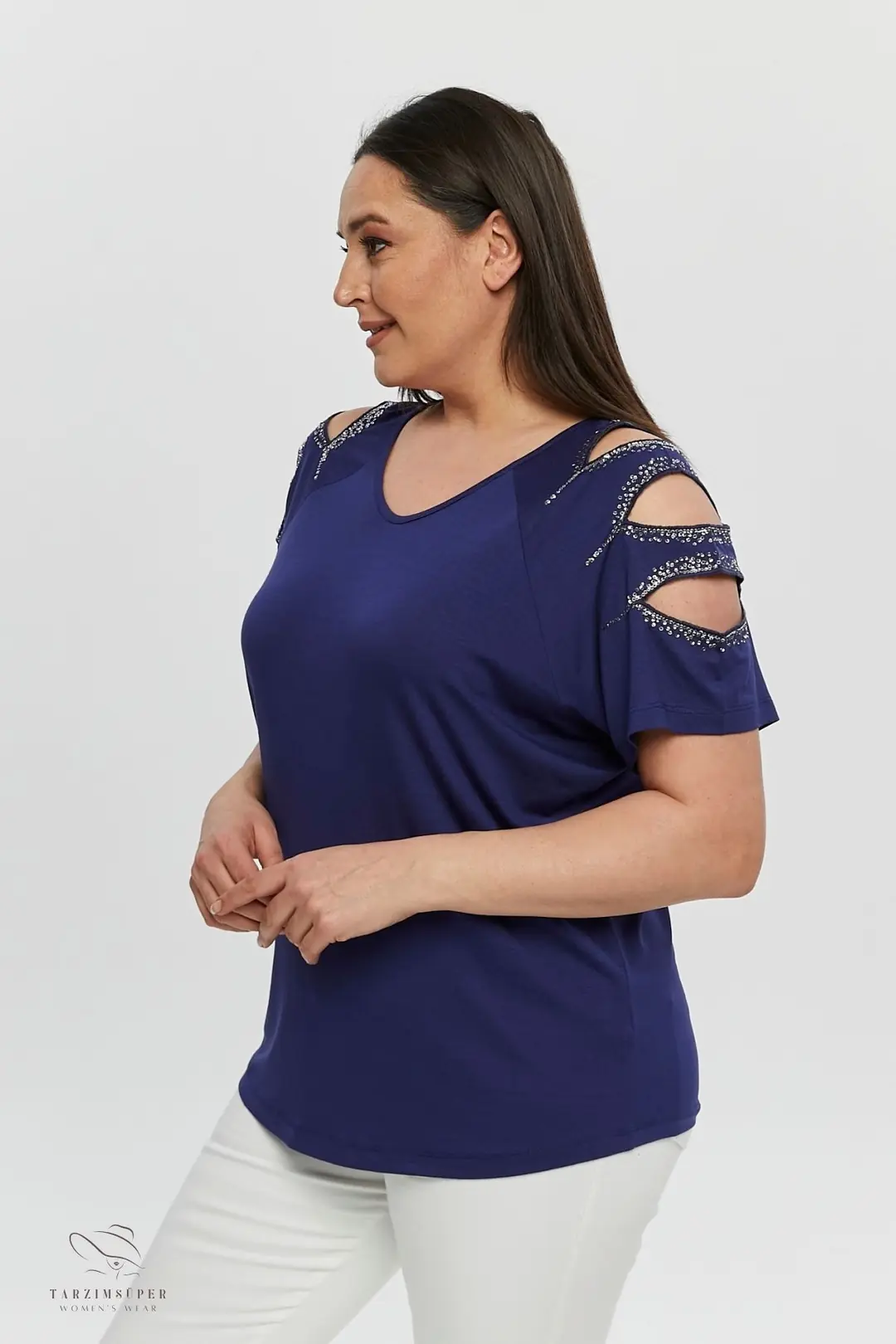 Lacivert Büyük Beden Pullu Kollu V Yaka Penye Tunik T-Shirt - Şık Konfor Modeli