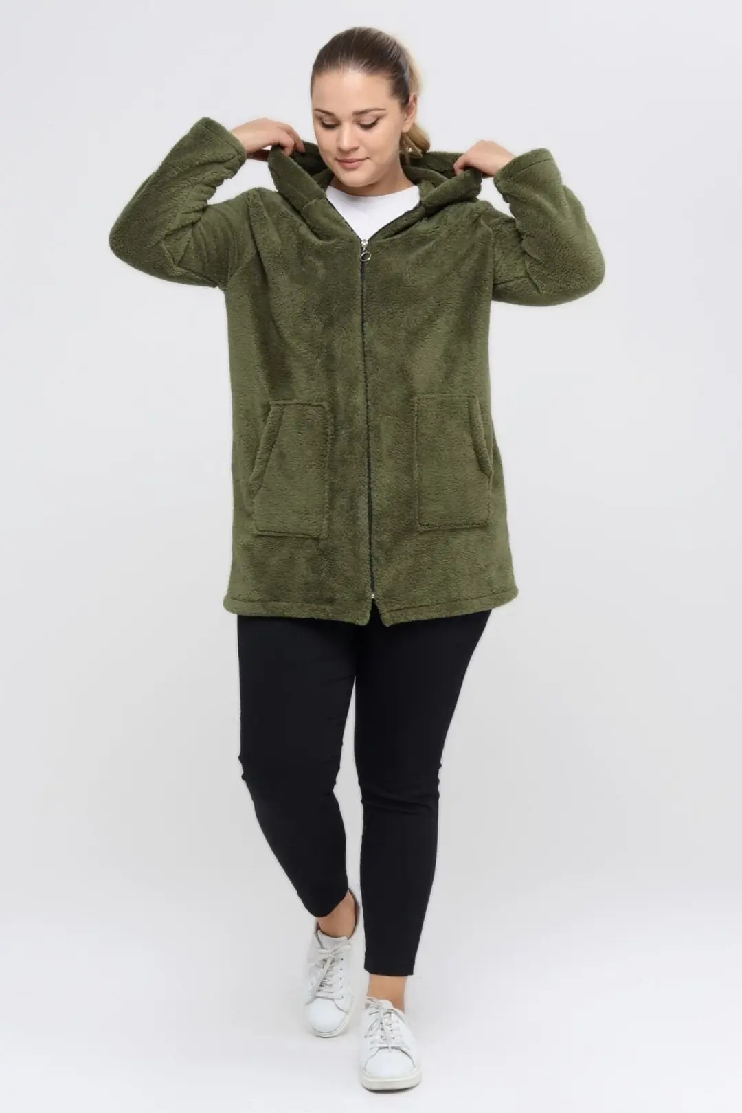 Büyük Beden Sıcak Tutan Peluş Sweat Fermuarlı Kapüşonlu 2 Cepli Örme Peluş Polar Sweatshirt