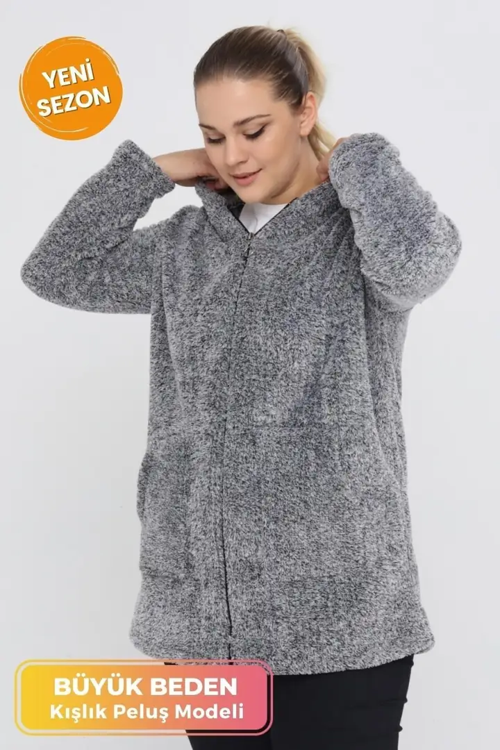 Büyük Beden Sıcak Tutan Peluş Sweat Fermuarlı Kapüşonlu 2 Cepli Örme Peluş Polar Sweatshirt - Gri
