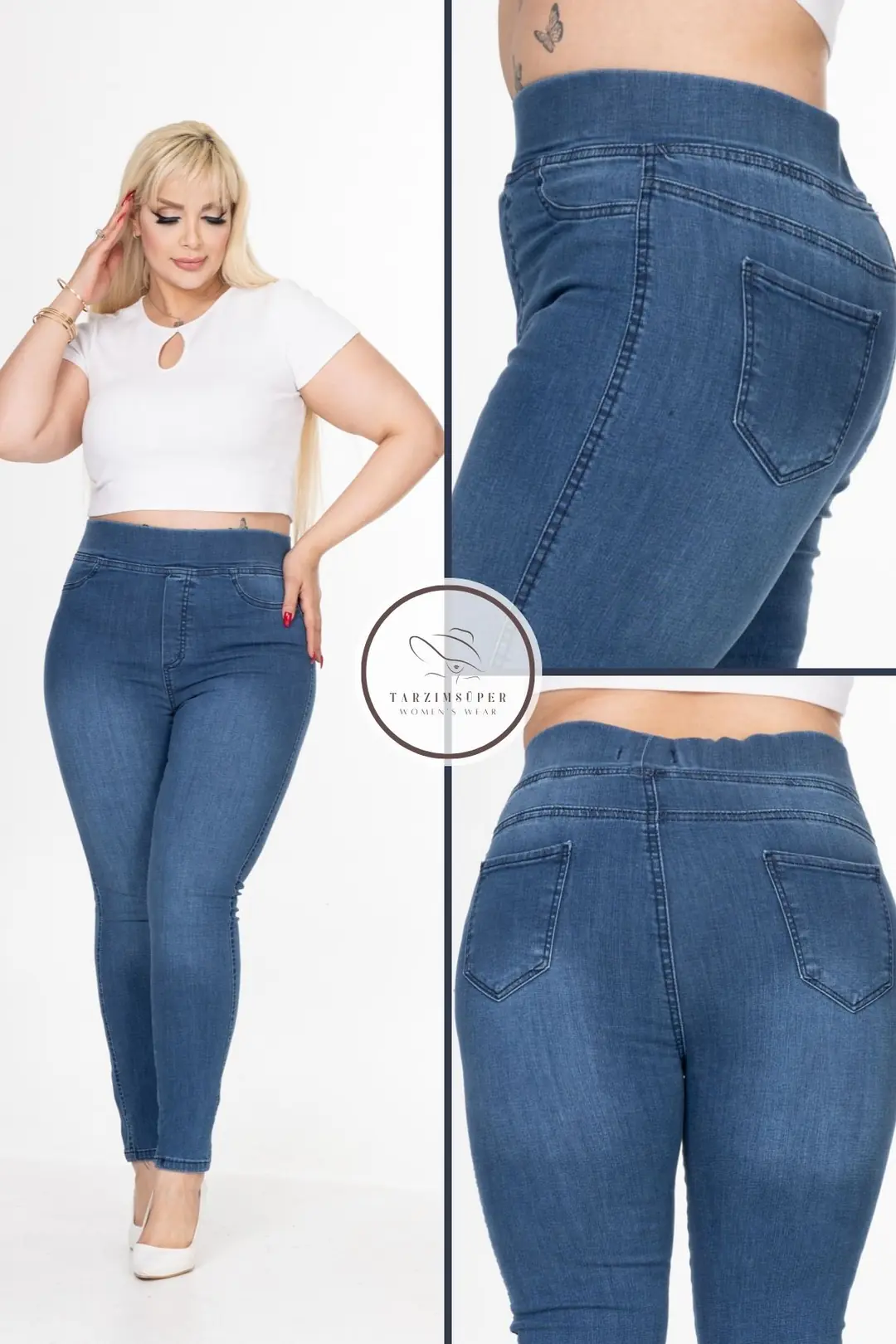 Büyük Beden Full Likralı Esnek Konfor Modeli Beli Lastikli Toparlayıcı Yüksel Bel Tayt Kot Pantolon