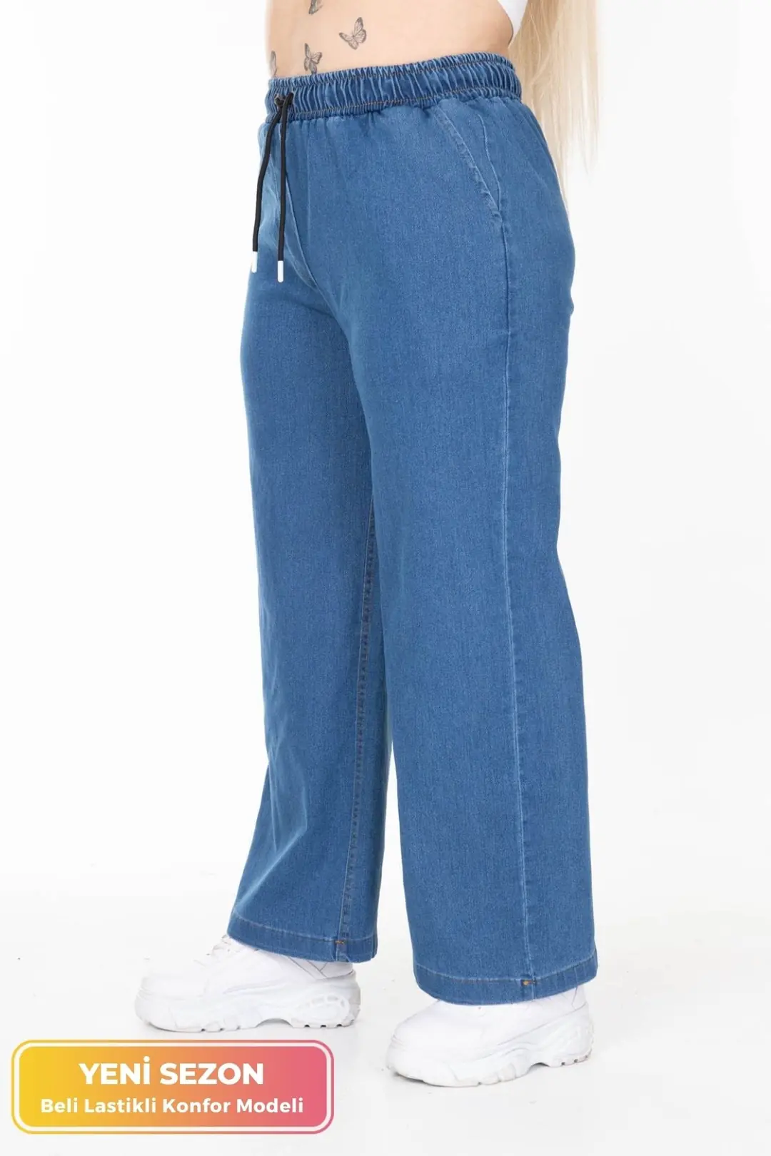 Büyük Beden Beli Lastikli Konfor Modeli Bol Paça Yüksek Belli Yumuşak Doku Jeans Kot Pantolon