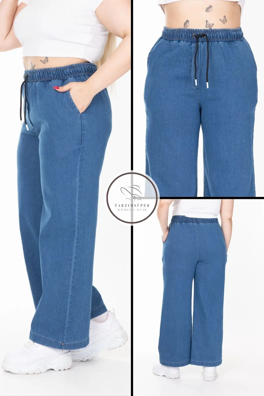 Büyük Beden Beli Lastikli Konfor Modeli Bol Paça Yüksek Belli Yumuşak Doku Jeans Kot Pantolon