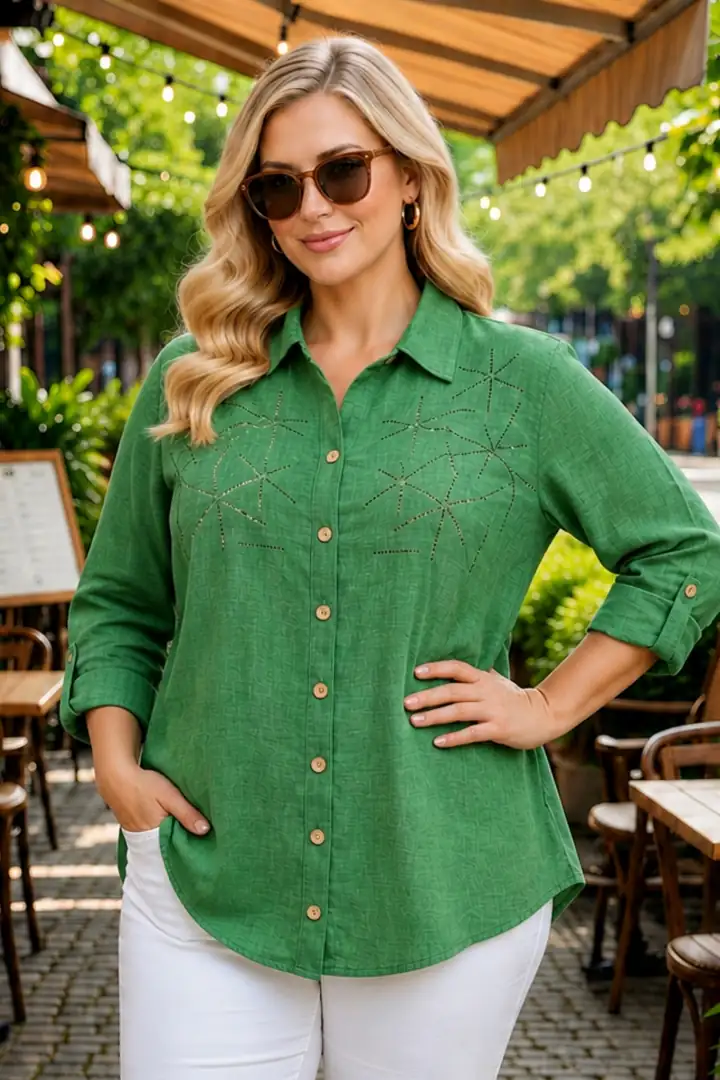 Büyük Beden Oversize Premium Taş Baskılı Keten Kadın Gömlek - Rahat Kesim - YEŞİL