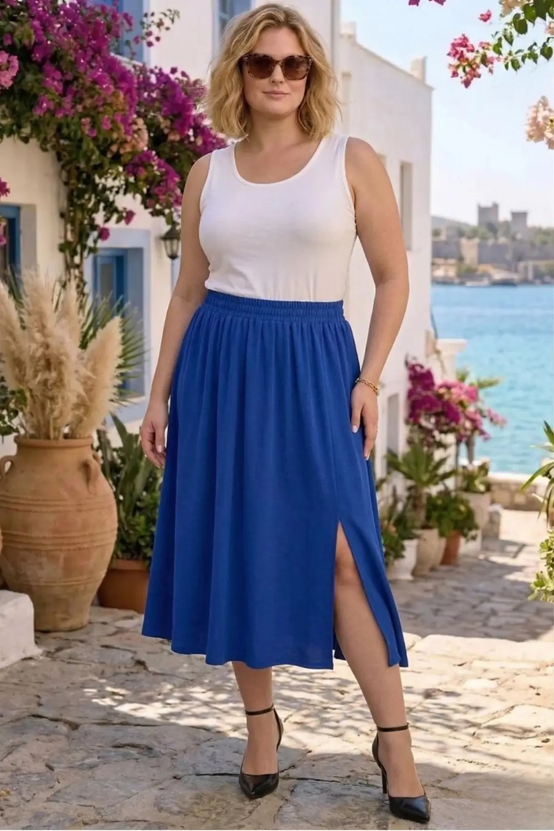 Kadın Yırtmaçlı Airobin Midi Etek - Beli Lastikli Rahat Kesim