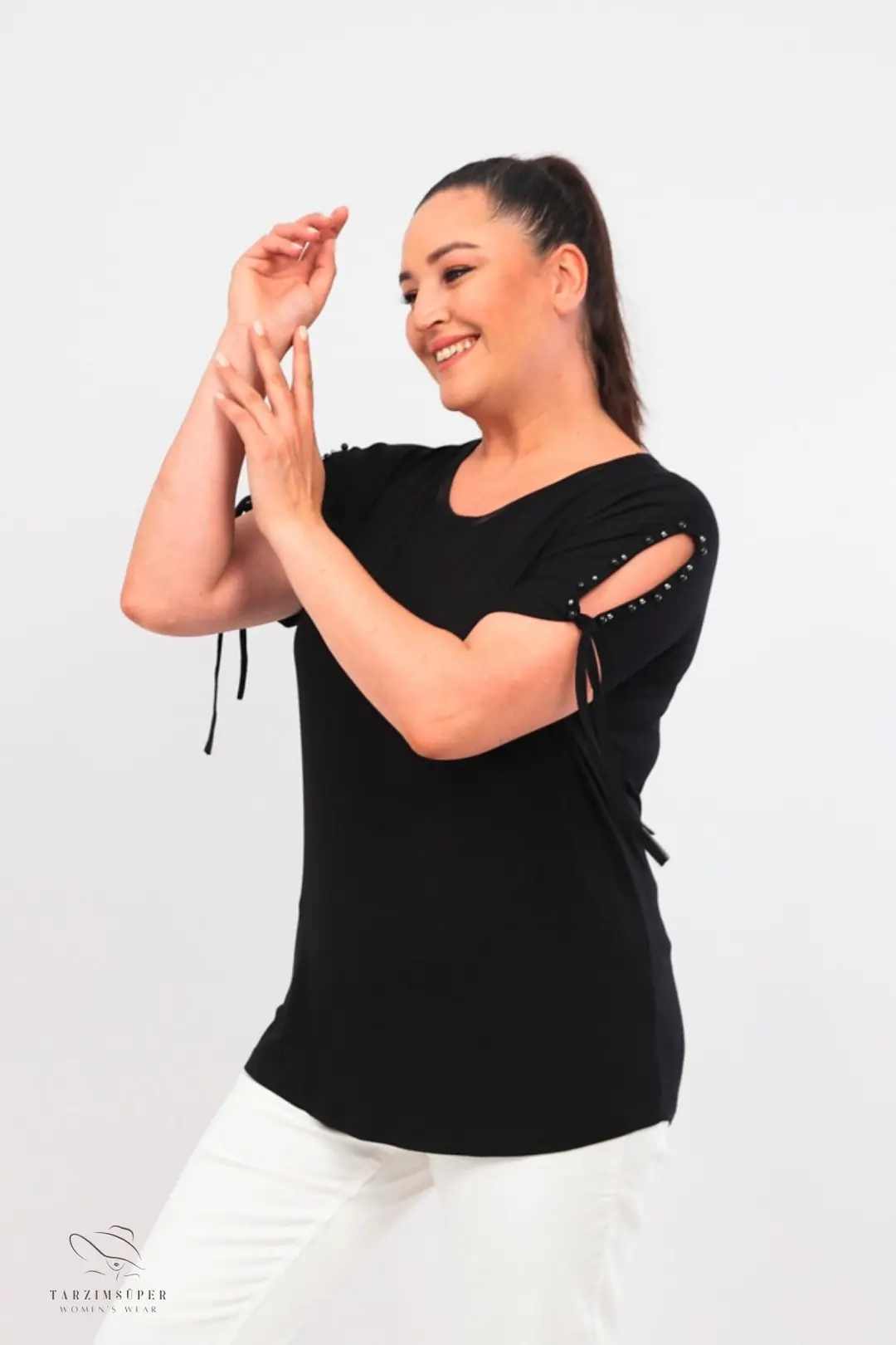 Büyük Beden Yeni Sezon Konfor Modeli Kol Bağlamalı Inci Detaylı Kısa Kollu Penye Tunik T-shirt