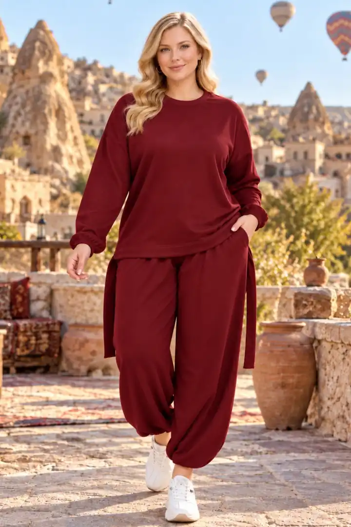 Büyük Beden Kadın Yan Bağcık Detaylı Rahat Kesim Bluz Pantolon İkili Takım - Bordo