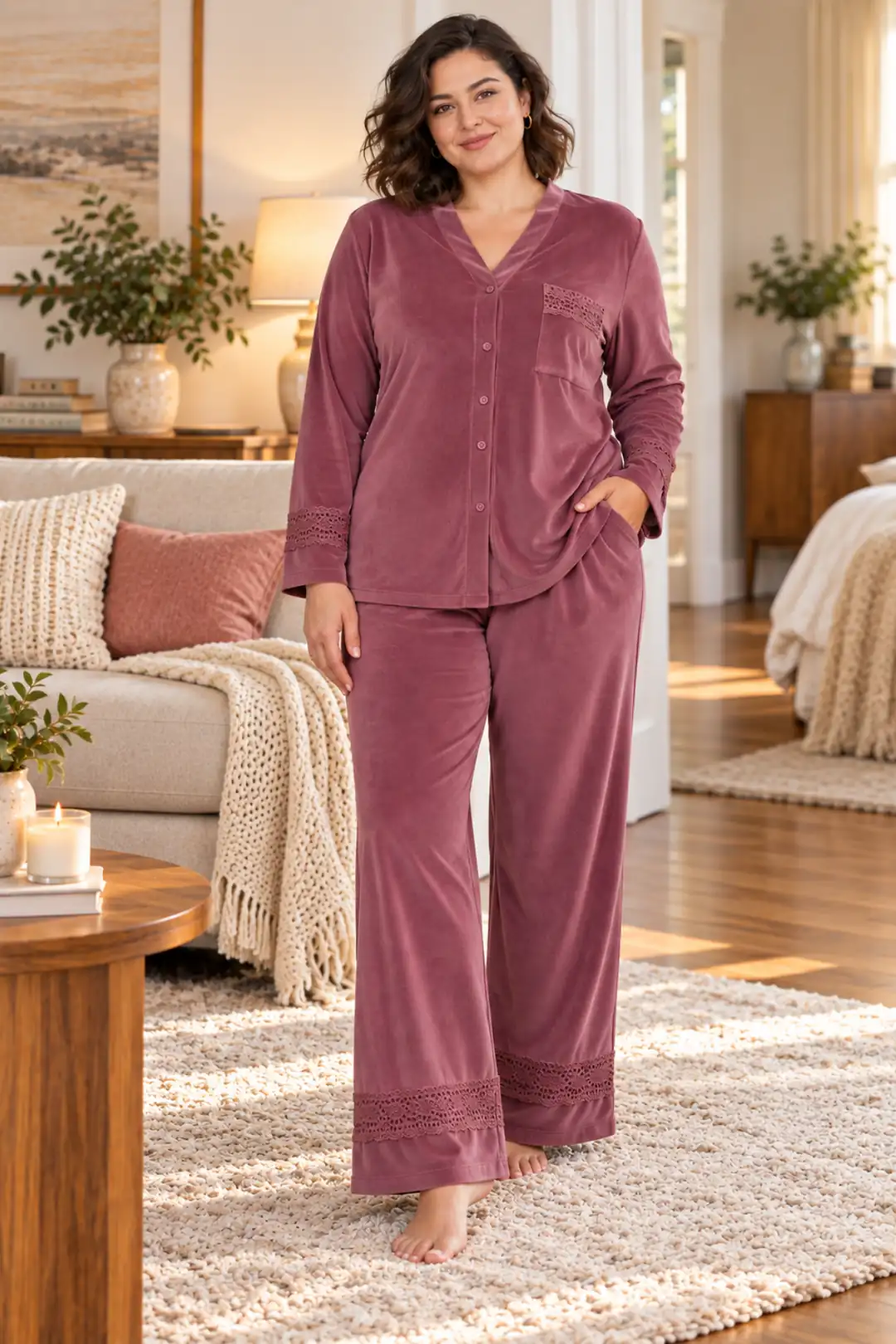 Kadın Büyük Beden Dantel Detaylı Şık ve Rahat  Kadife Pijama Takımı