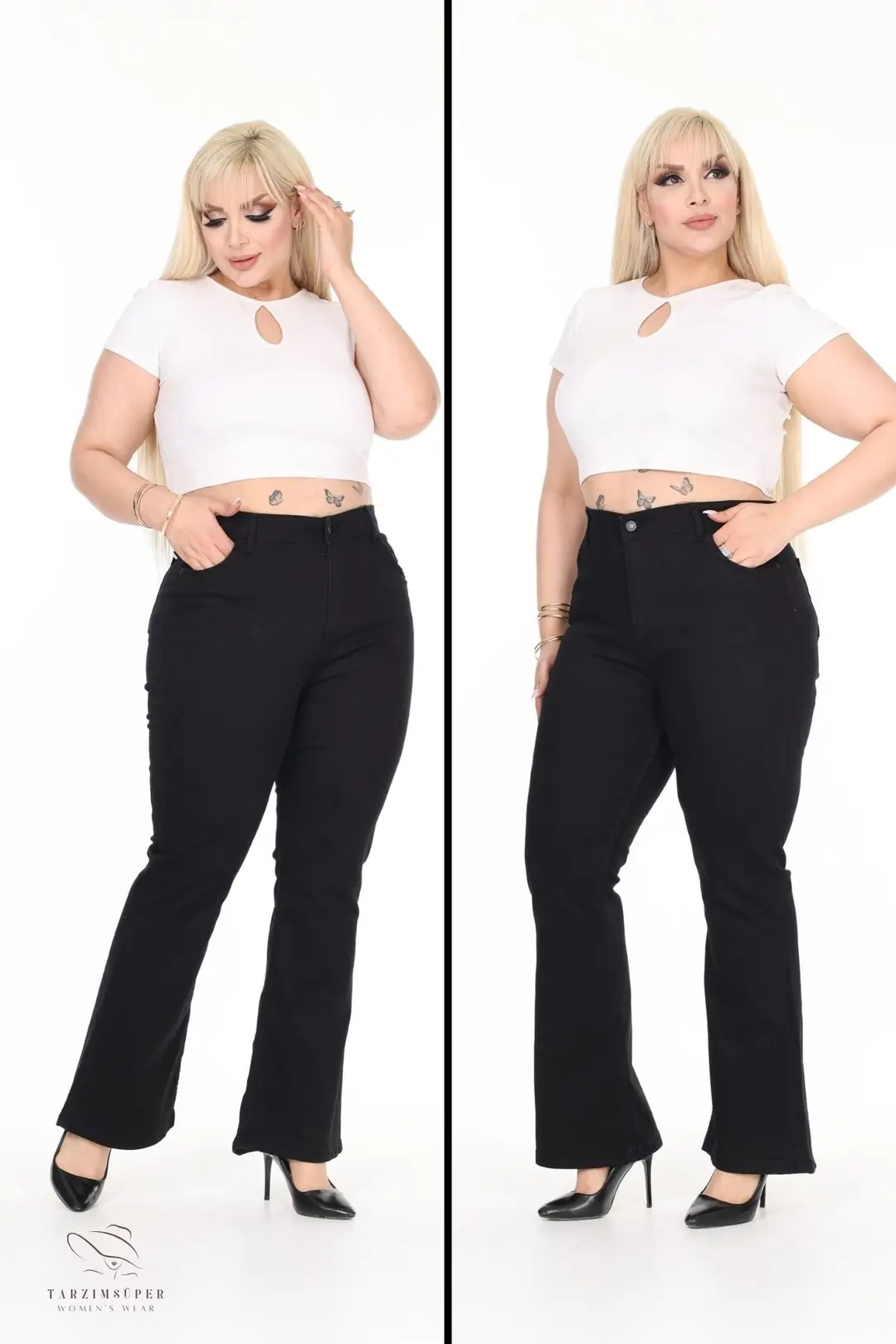 Büyük Beden Yeni Sezon İspanyol Paça Yüksel Belli Likralı Esnek Konfor Modeli Jeans Kot Pantolon