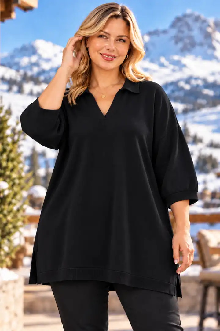 Büyük Beden Polo Yaka Oversize %100 Pamuklu İnce Triko Bluz - Siyah