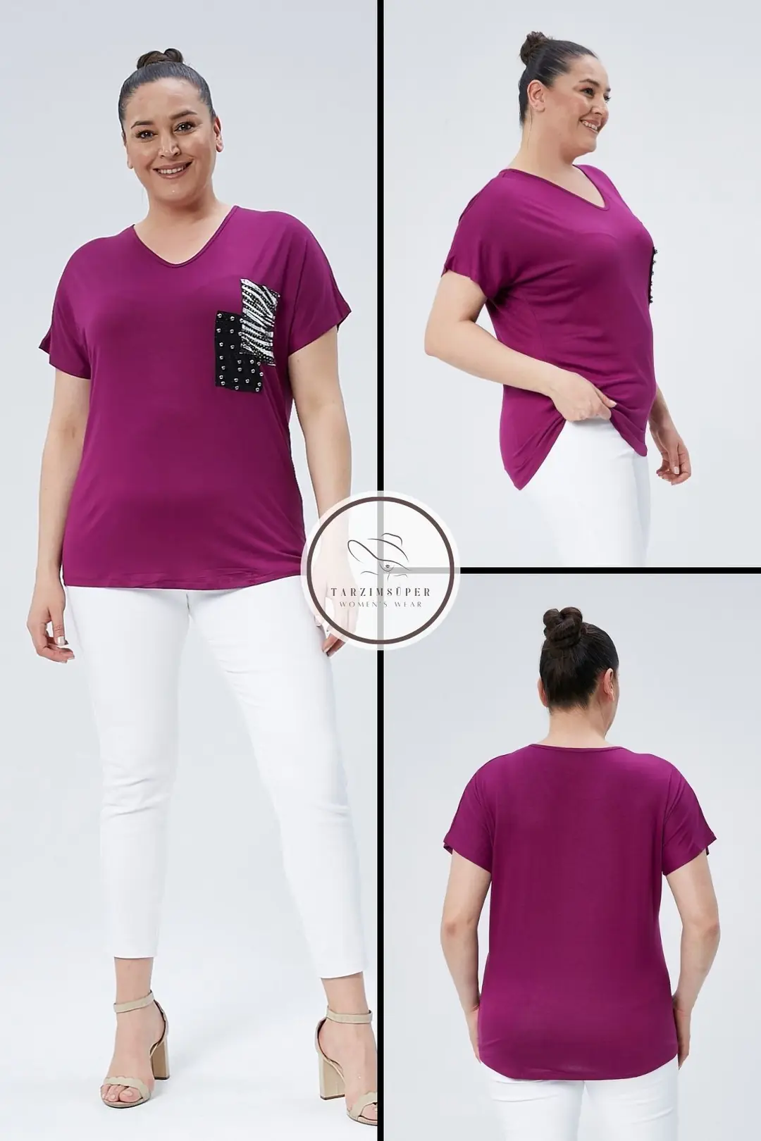 Büyük Beden Cep Detaylı Kısa Kollu V Yaka Penye Tunik T-Shirt - Rahat Konfor Modeli