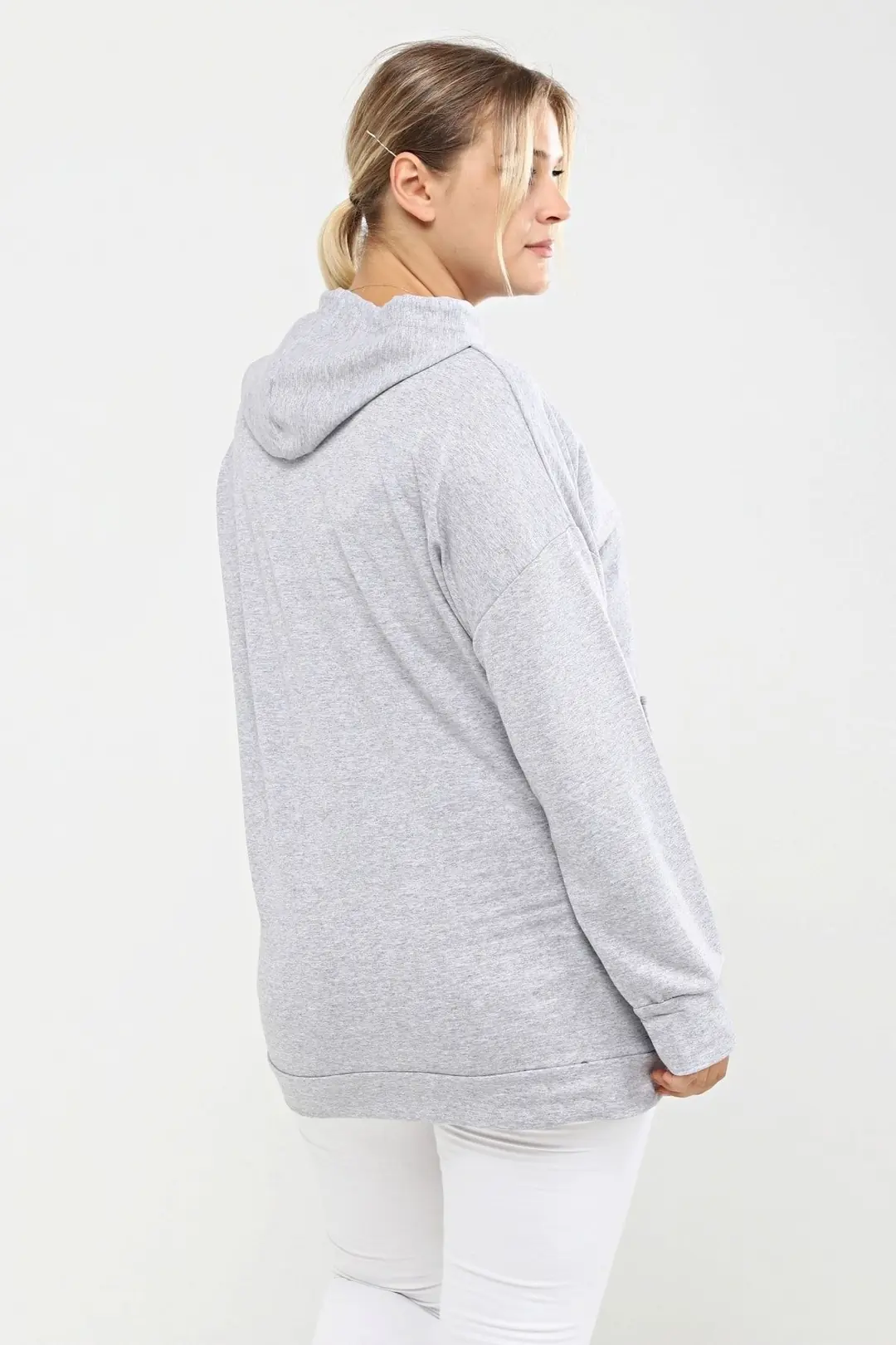 Büyük Beden Bej Kapüşonlu Uzun Hoodie Sweatshirt  Kanguru Cepli & Düğme Detaylı