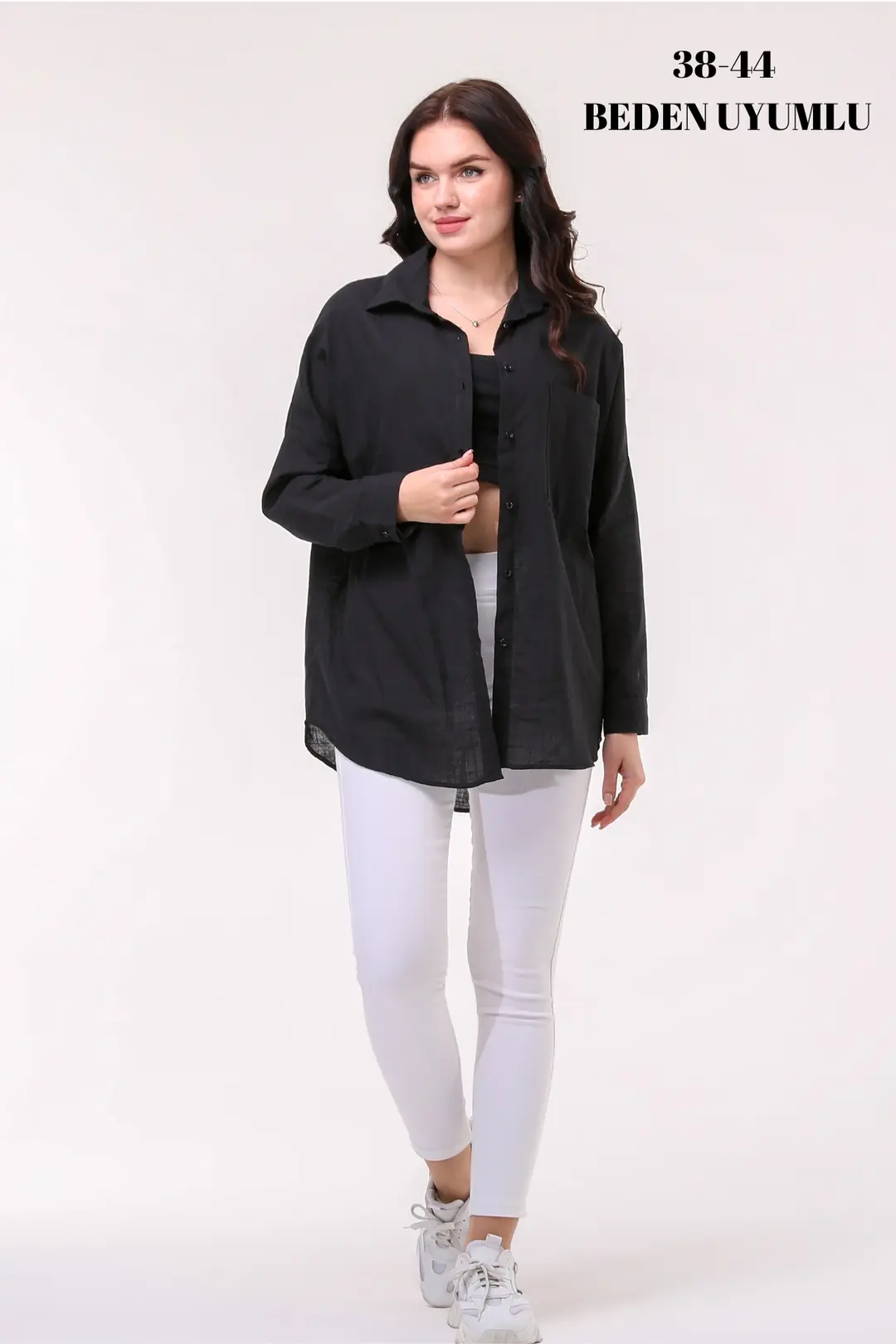 Kadın Oversize Yeni Sezon Konfor Modeli Cepli Keten 4 Mevsim Geniş Kalıp Uzun Kollu Düz Gömlek
