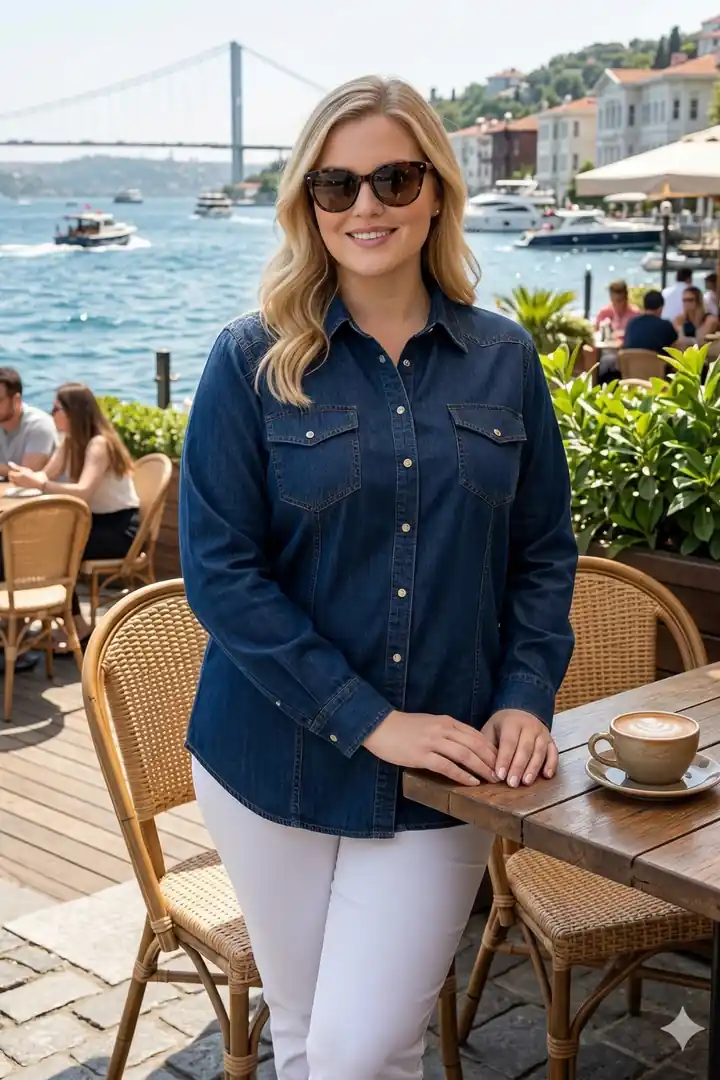 Kadın Büyük Beden Kot Gömlek Mavi Rahat Oversize Denim Gömlek Cep Detaylı - Lacivert