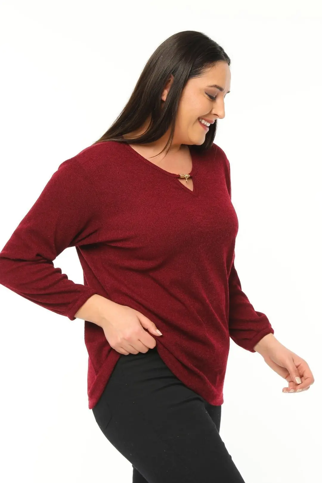 Büyük Beden Kadın Bordo Yaka Detaylı Yumuşak Triko Bluz  Kolu Lastikli Plus Size