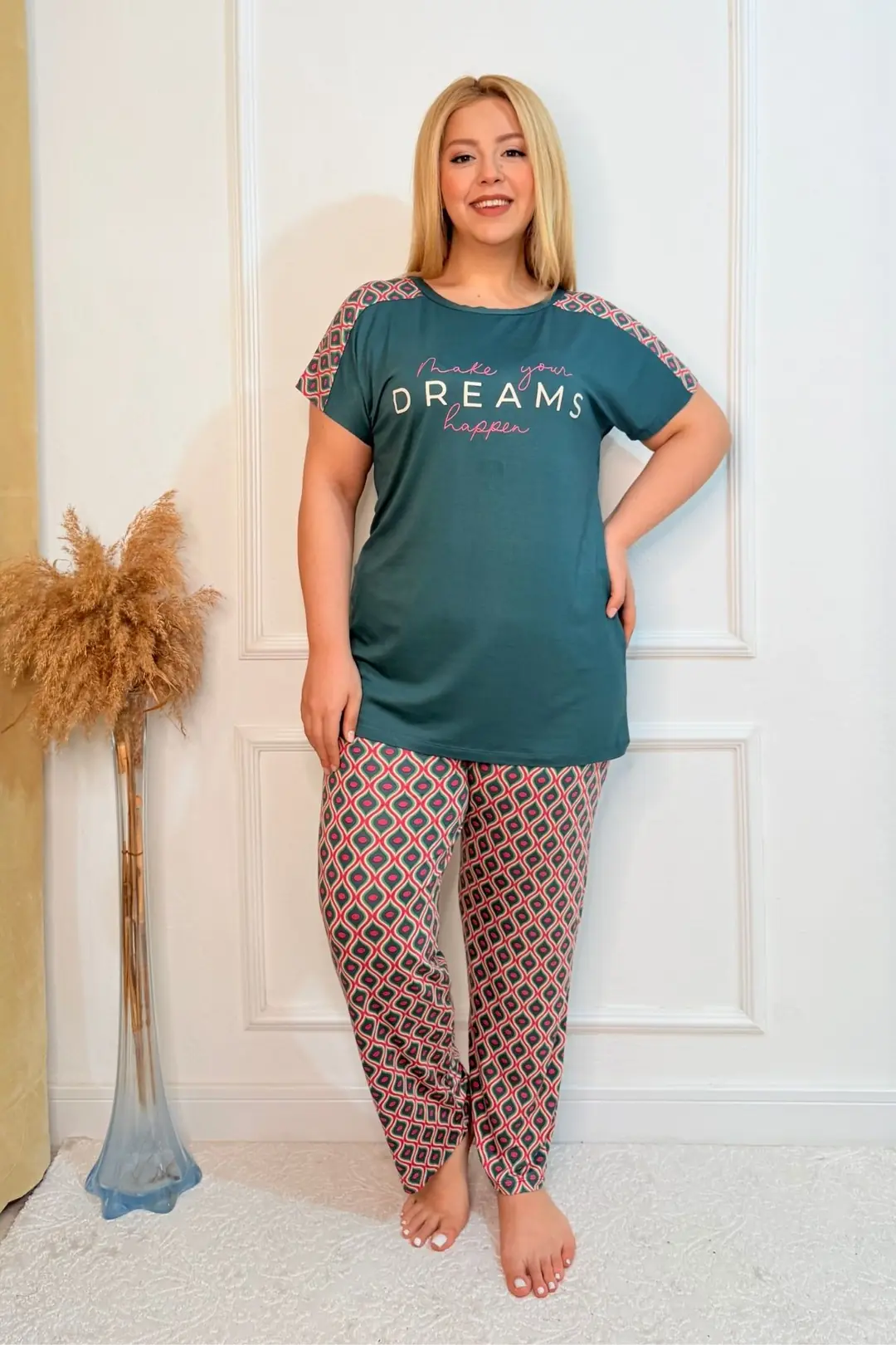 Büyük Beden Lüks Pijama Takımı Beli Lastikli Konfor Modeli Pamuklu Kadın Pijama Takım