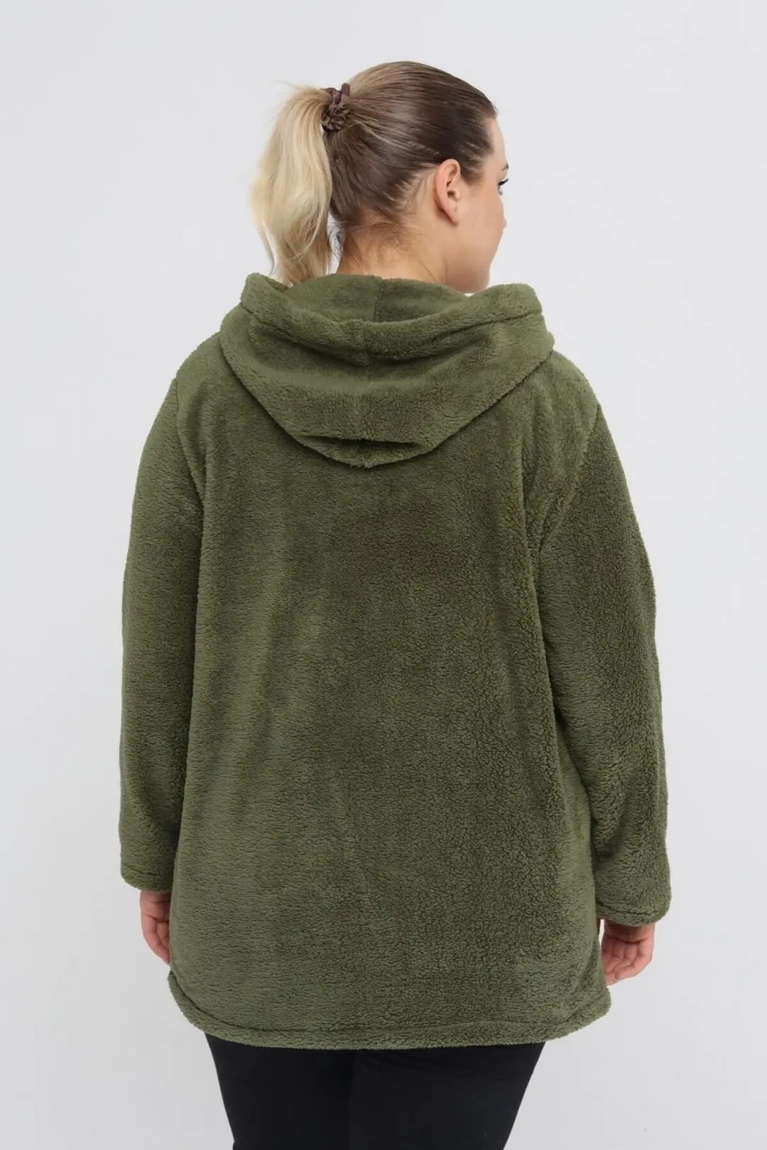 Büyük Beden Sıcak Tutan Peluş Sweat Fermuarlı Kapüşonlu 2 Cepli Örme Peluş Polar Sweatshirt