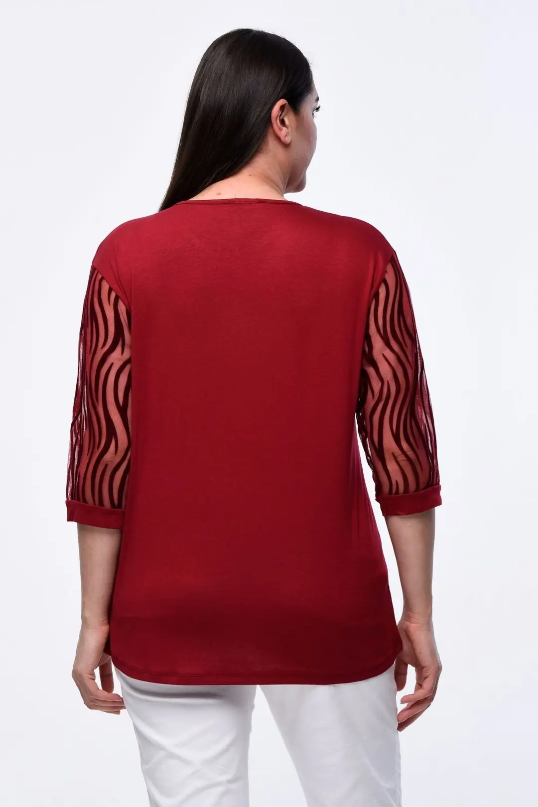 Büyük Beden Kadın Dantelli Kısa Kollu Abiye Model Bluz  4 Mevsim Tül Detaylı Plus Size