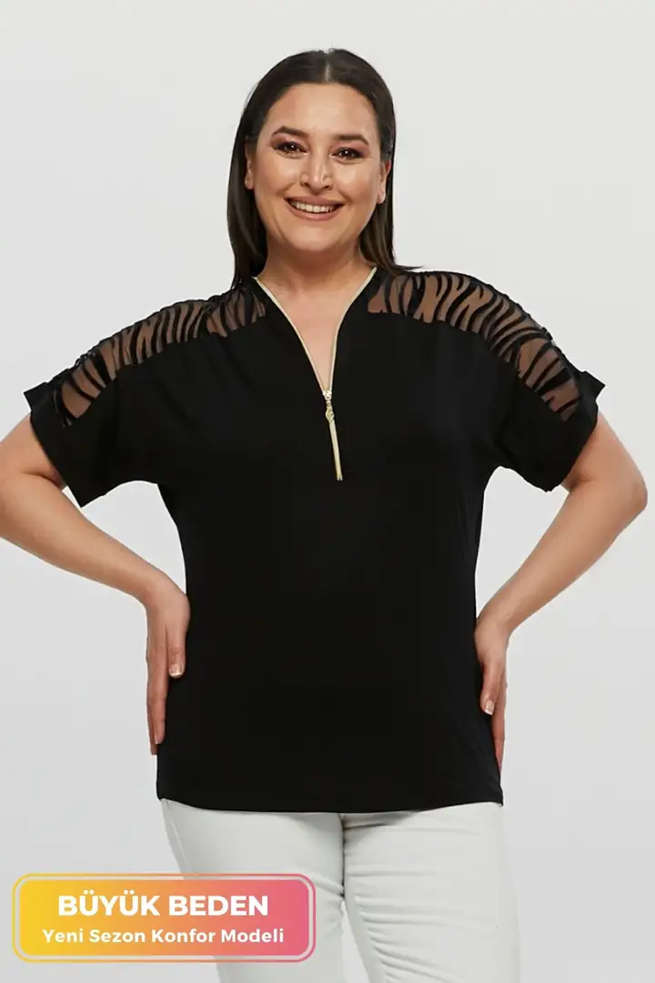 Büyük Beden Transparan Kollu Fermuarlı Kısa Kollu Penye Tunik T-Shirt - Şık Konfor Modeli - Siyah