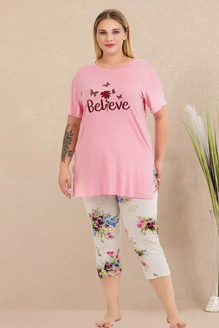  Büyük Beden Beli Lastikli Konfor Modeli Viskon Pamuklu Kadın Kapri Pijama Takım - Pembe