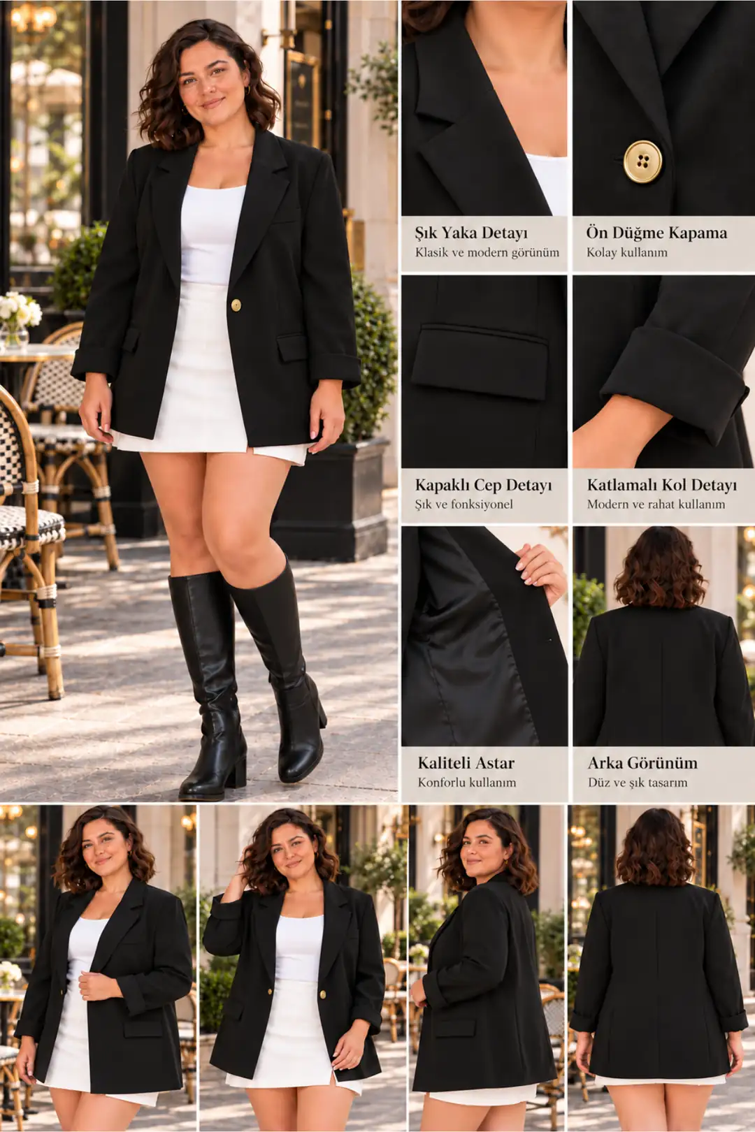 Premium Seri Kadın Büyük Beden Oversize Tek Düğmeli Blazer Ceket Siyah – Astarlı Şık Model