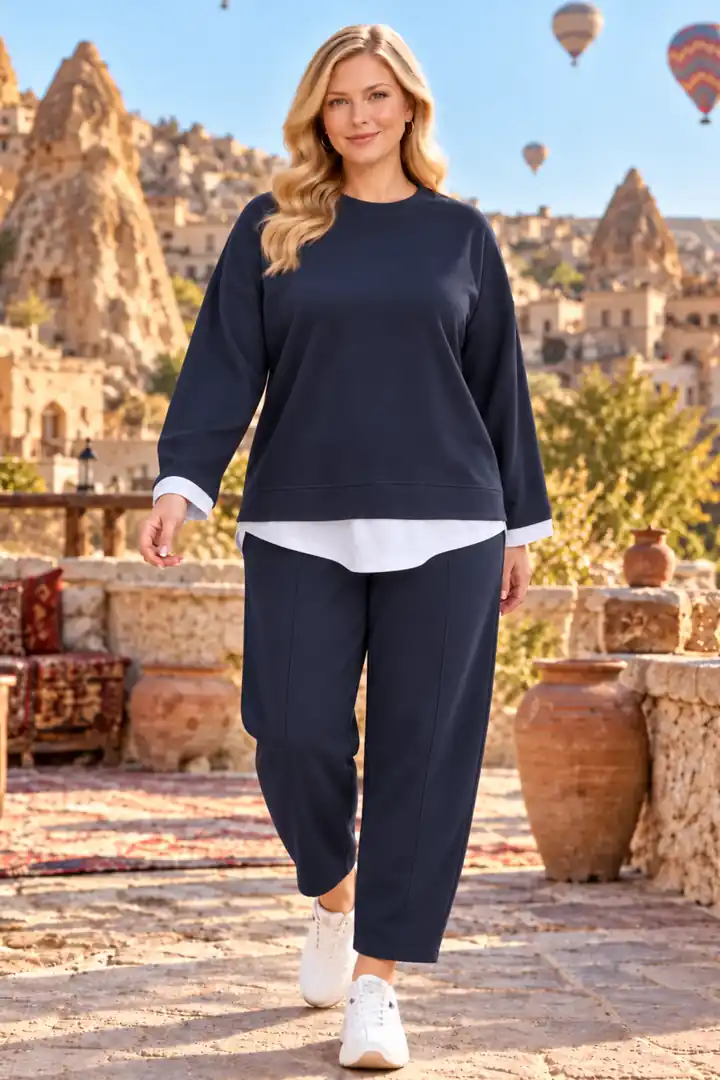 Büyük Beden Beyaz Gömlek Detaylı Sweatshirt Pantolon Takım - Lacivert