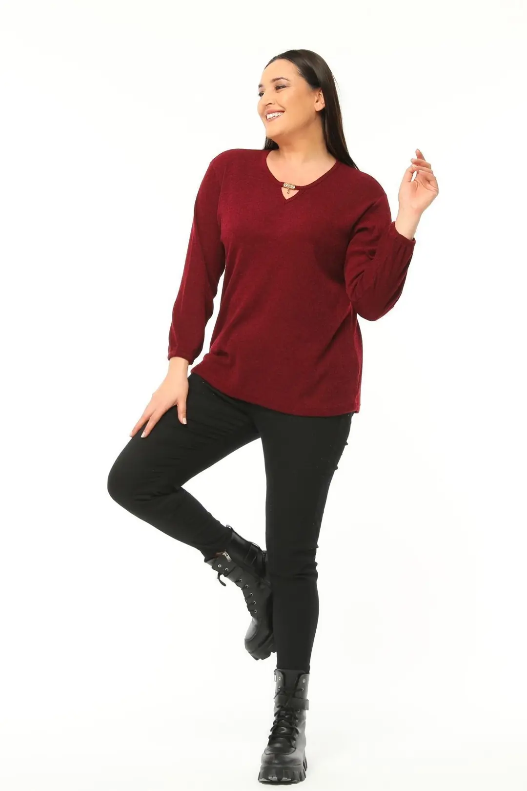 Büyük Beden Kadın Bordo Yaka Detaylı Yumuşak Triko Bluz  Kolu Lastikli Plus Size