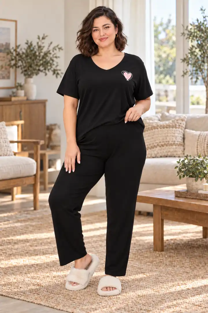 Büyük Beden  Lüks Pijama Takımı Beli Lastikli Konfor Modeli Viskon Pamuklu Kadın Pijama Takım - Siyah