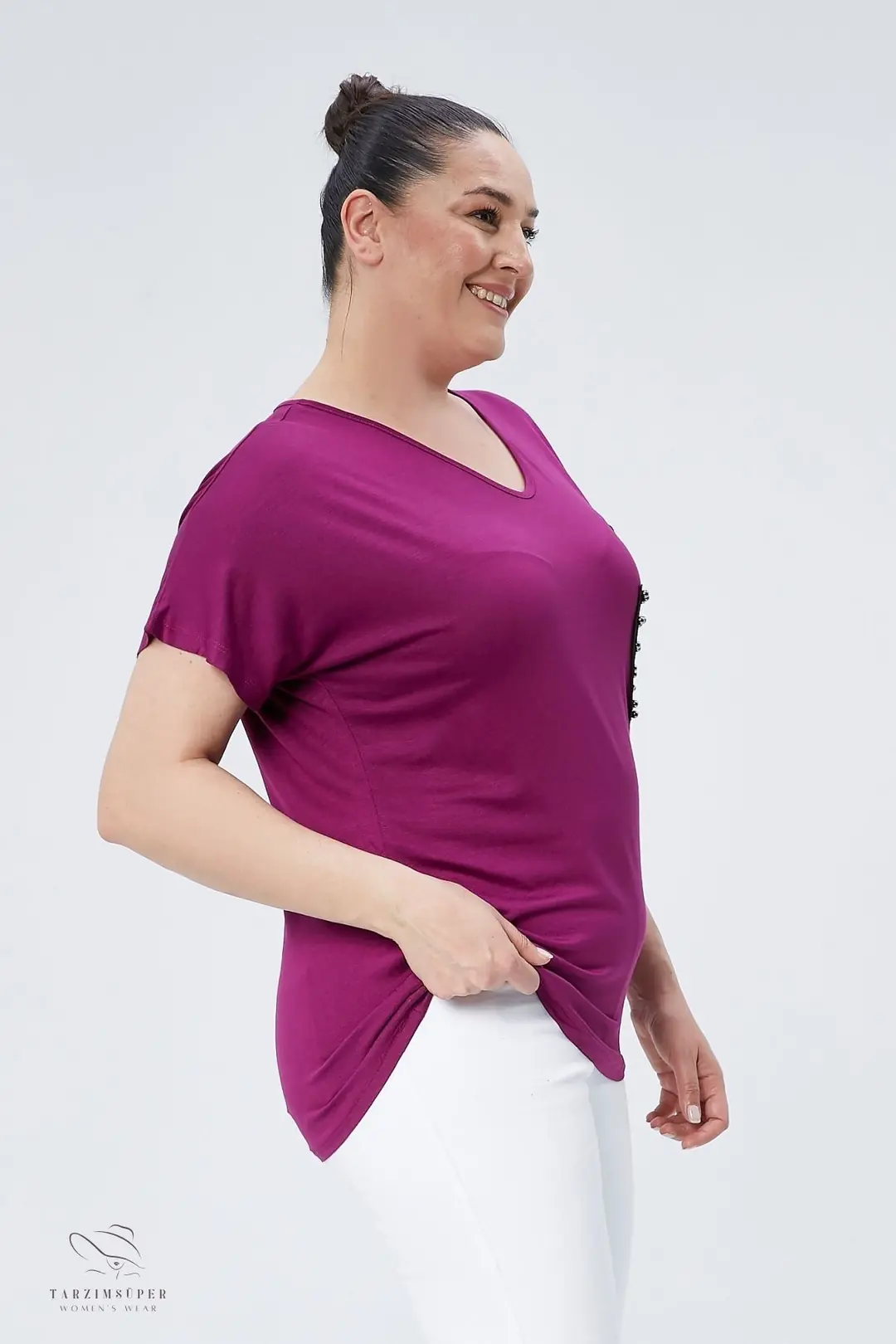 Büyük Beden Cep Detaylı Kısa Kollu V Yaka Penye Tunik T-Shirt - Rahat Konfor Modeli