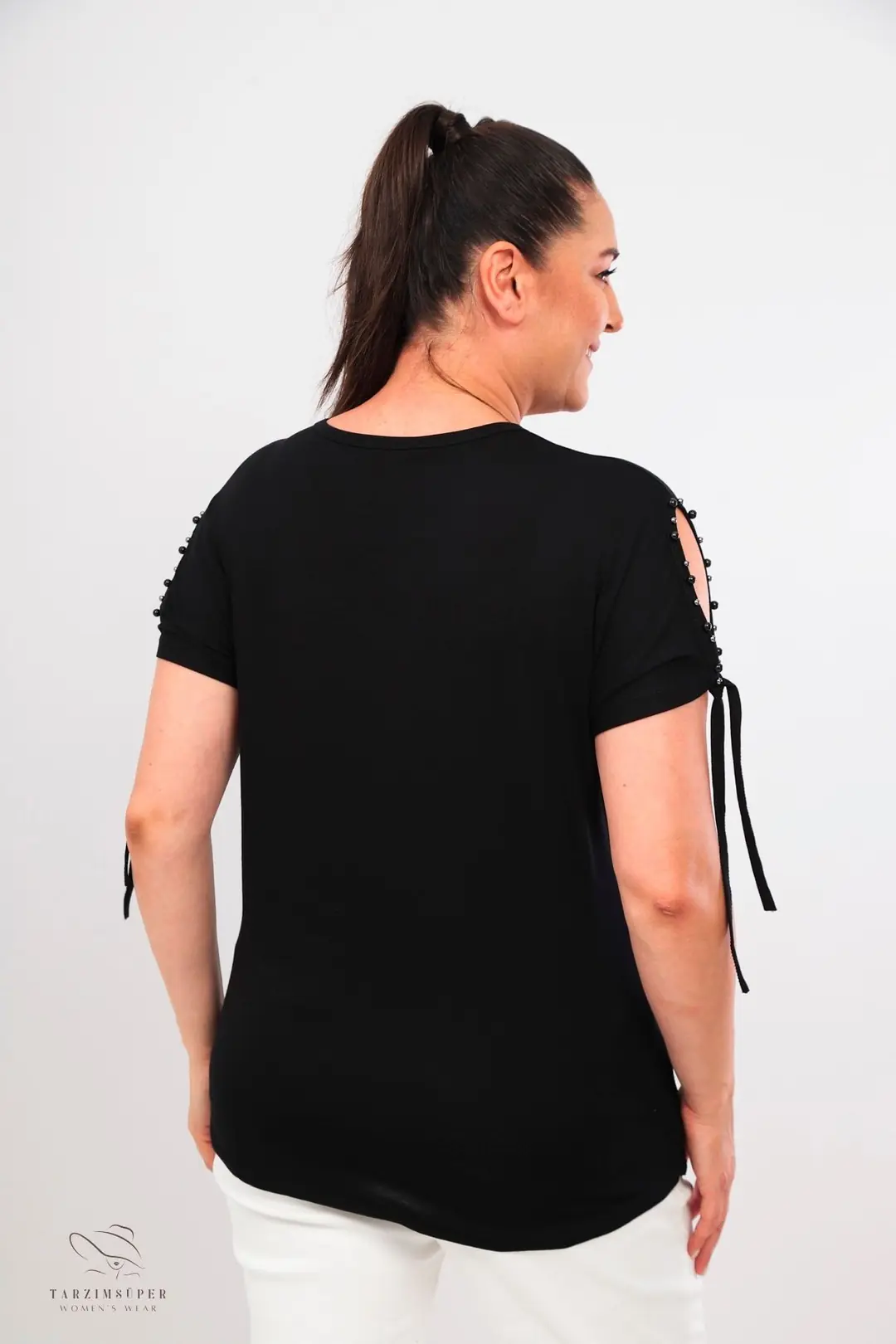 Büyük Beden Yeni Sezon Konfor Modeli Kol Bağlamalı Inci Detaylı Kısa Kollu Penye Tunik T-shirt