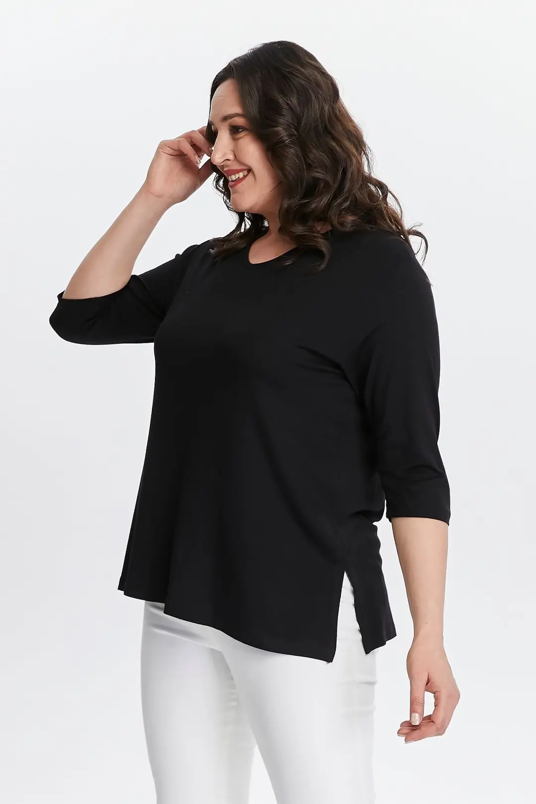 Büyük Beden Yeni Sezon Yandan Yırtmaçlı Konfor Modeli Yarım Kollu Rahat Anne Penye Tunik Bluz