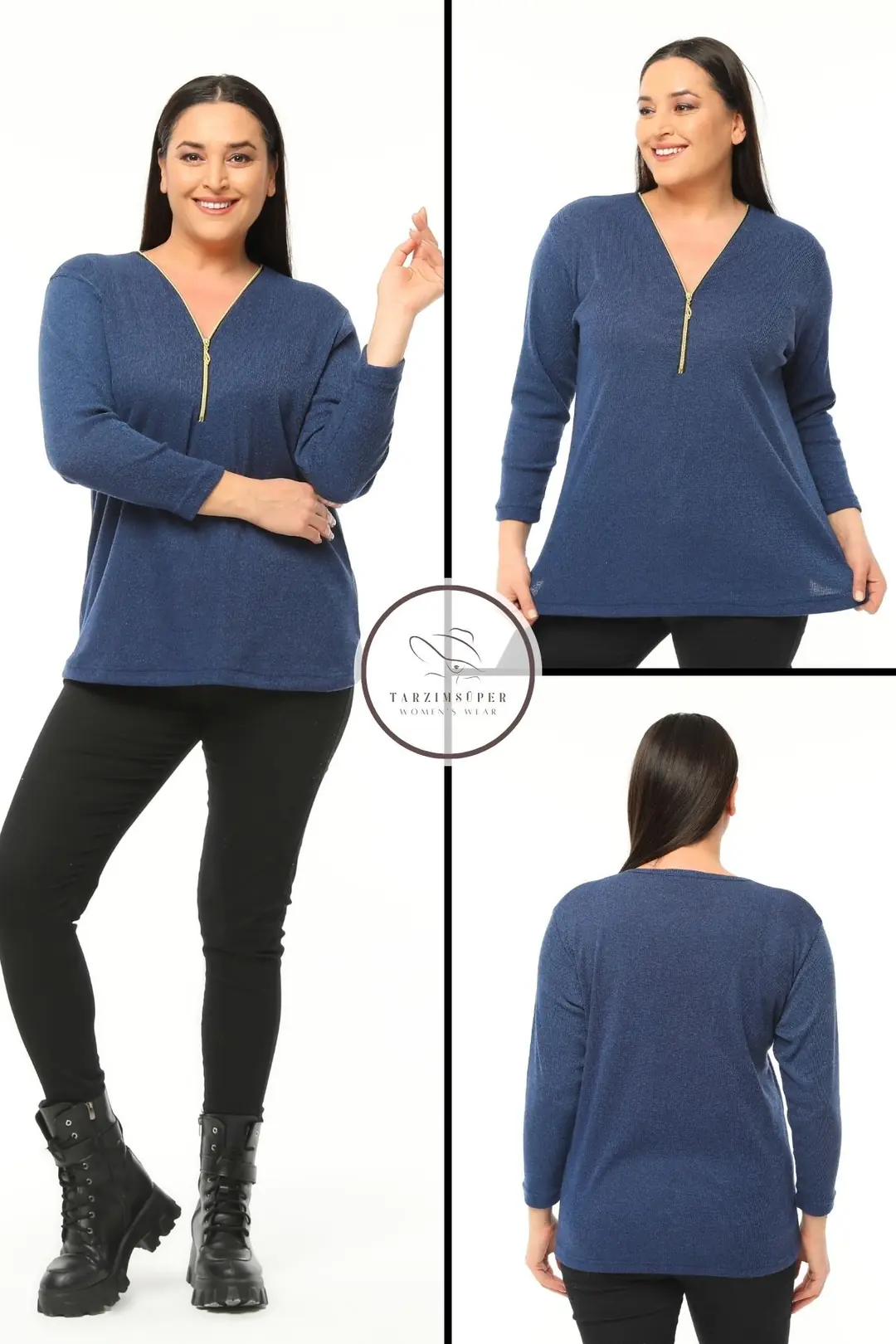 Büyük Beden Kadın V Yaka Fermuarlı Yumuşak Dokulu Triko Kazak Plus Size Konfor Modeli