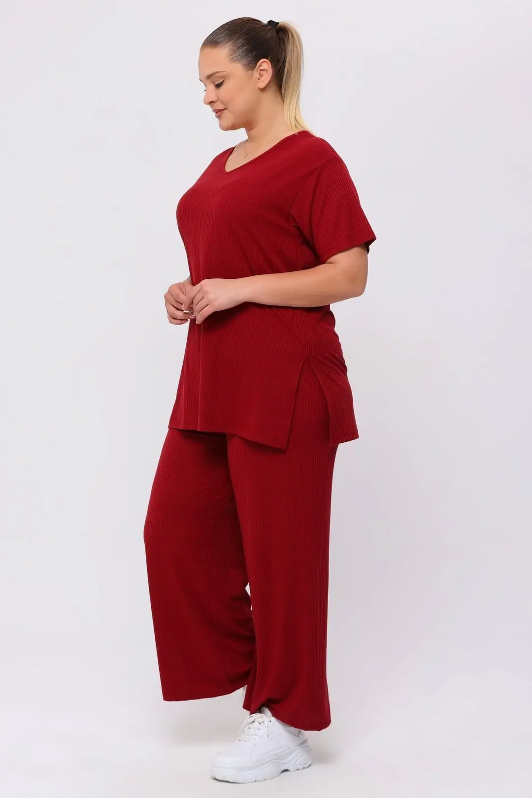 Büyük Beden Yandan Yırtmaçlı Konfor Modeli Takım Pantolonlu Tunik 2'li Alt-üst Takım