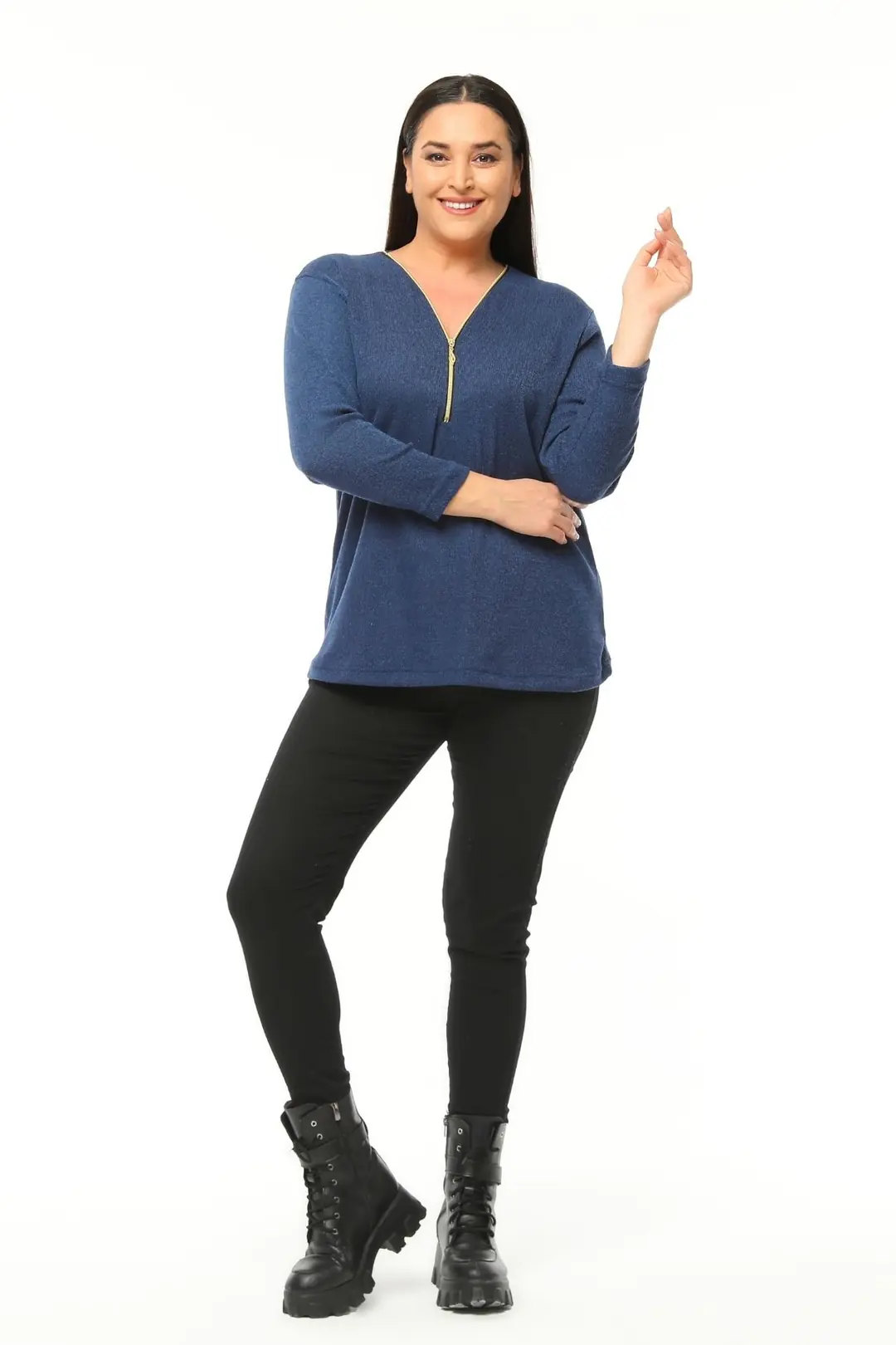 Büyük Beden Kadın V Yaka Fermuarlı Yumuşak Dokulu Triko Kazak Plus Size Konfor Modeli