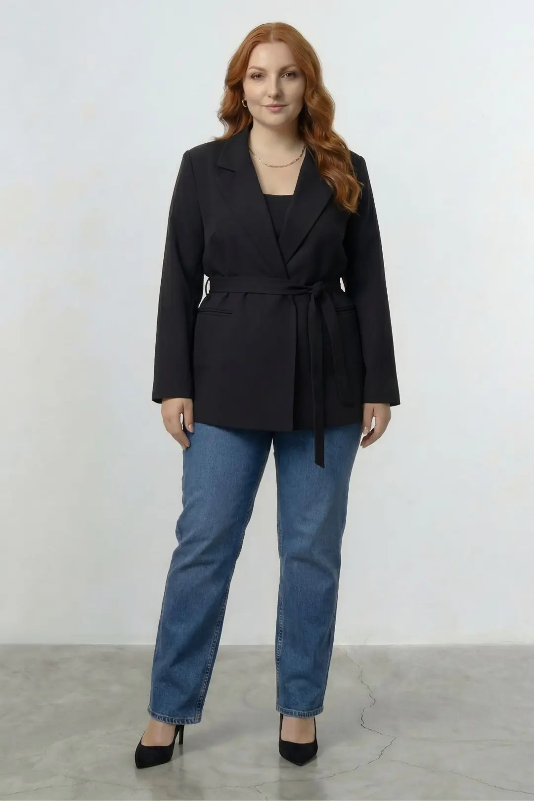 Premium Seri Kadın Büyük Beden Oversize Kuşaklı Blazer Ceket Siyah – Astarlı Şık Model