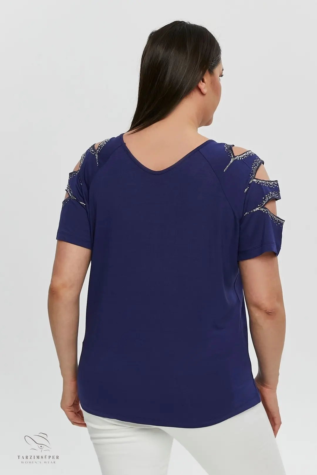 Lacivert Büyük Beden Pullu Kollu V Yaka Penye Tunik T-Shirt - Şık Konfor Modeli