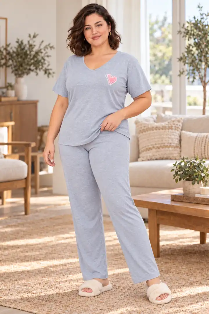 Büyük Beden  Lüks Pijama Takımı Beli Lastikli Konfor Modeli Viskon Pamuklu Kadın Pijama Takım - Gri