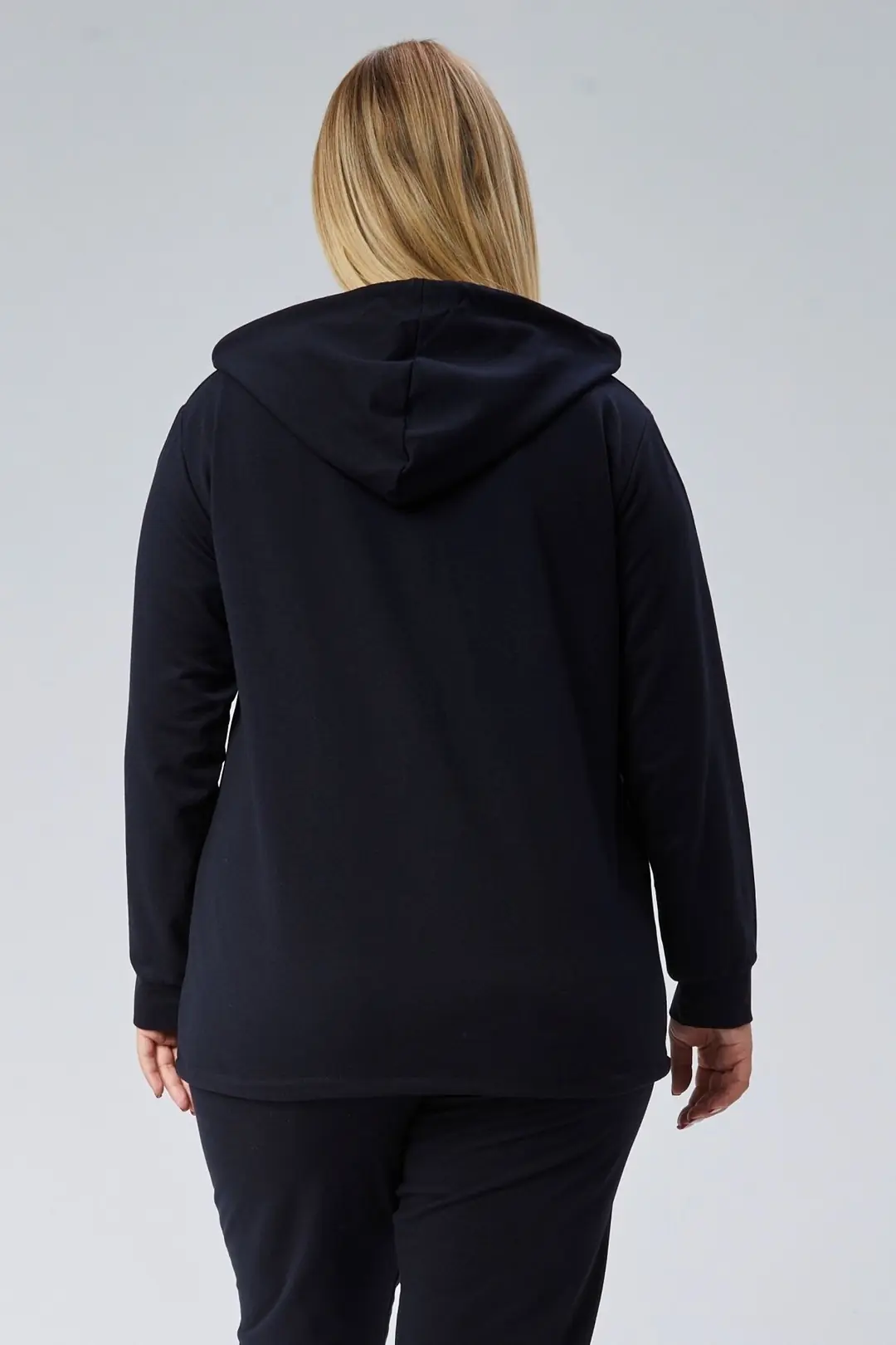 Kadın Büyük Beden Kapüşonlu Fermuarlı Model 2 Cepli Uzun Gri Spor & Günlük Sweatshirt 