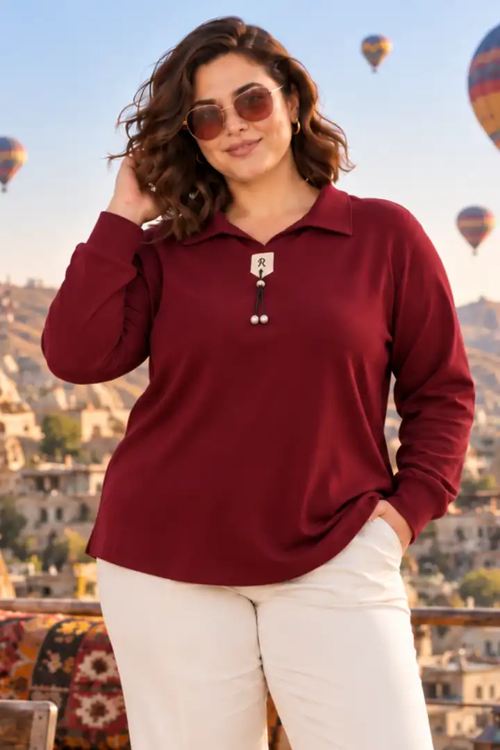 Kadın Büyük Beden Kristal Kumaş Polo Yaka Uzun Kollu Bluz - Bordo