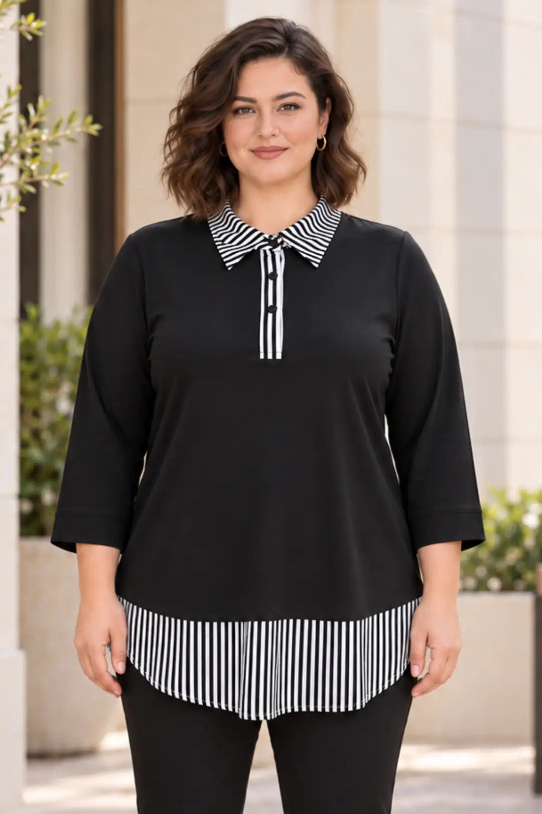 Büyük Beden Gömlek Yaka Yandan Yırtmaçlı Konfor Modeli Yarım Kollu Spor Rahat Anne Penye Tunik Bluz