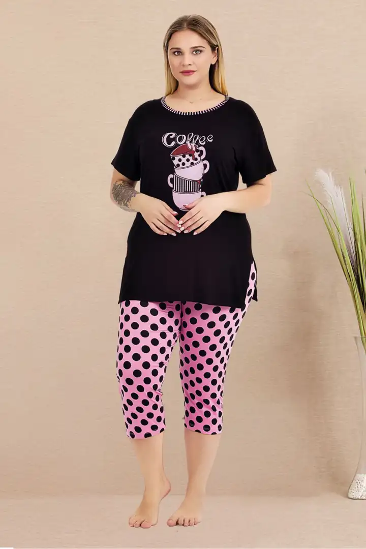  Büyük Beden Beli Lastikli Konfor Modeli Viskon Pamuklu Kadın Kapri Pijama Takım - Puantiye